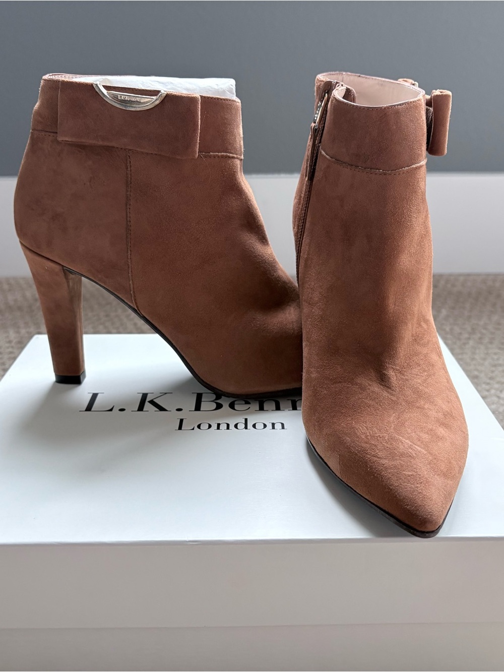LK Bennett Tan Suede Pointed-Toe Ankle Booties